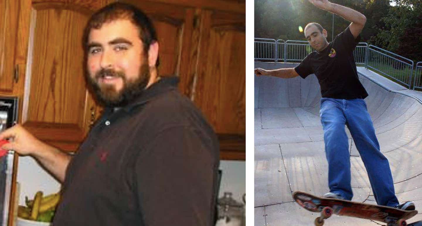 Anthony Masiello in two photos, before and after he adopted a plant-based diet and lost 160 pounds