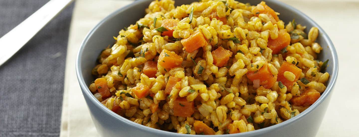 Barley and Sweet Potato Pilaf in a grey serving bowl