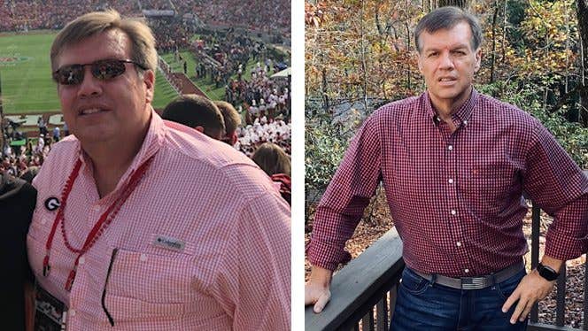 Barry Lindler before and after he started working from home, making his own meals, and lost 90 pounds