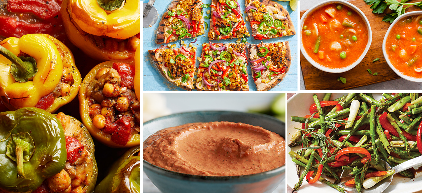 A colorful array of vegan dishes featuring bell pepper