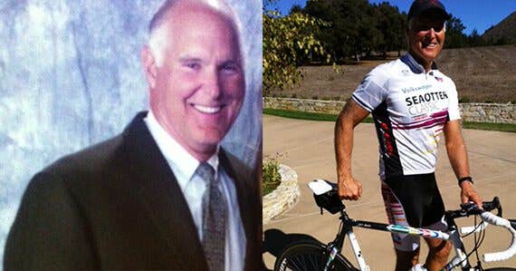 Two photos of Bill Patterson. On the left wearing a suit and on the right, look fit and healthy wearing cycle great with a road bike