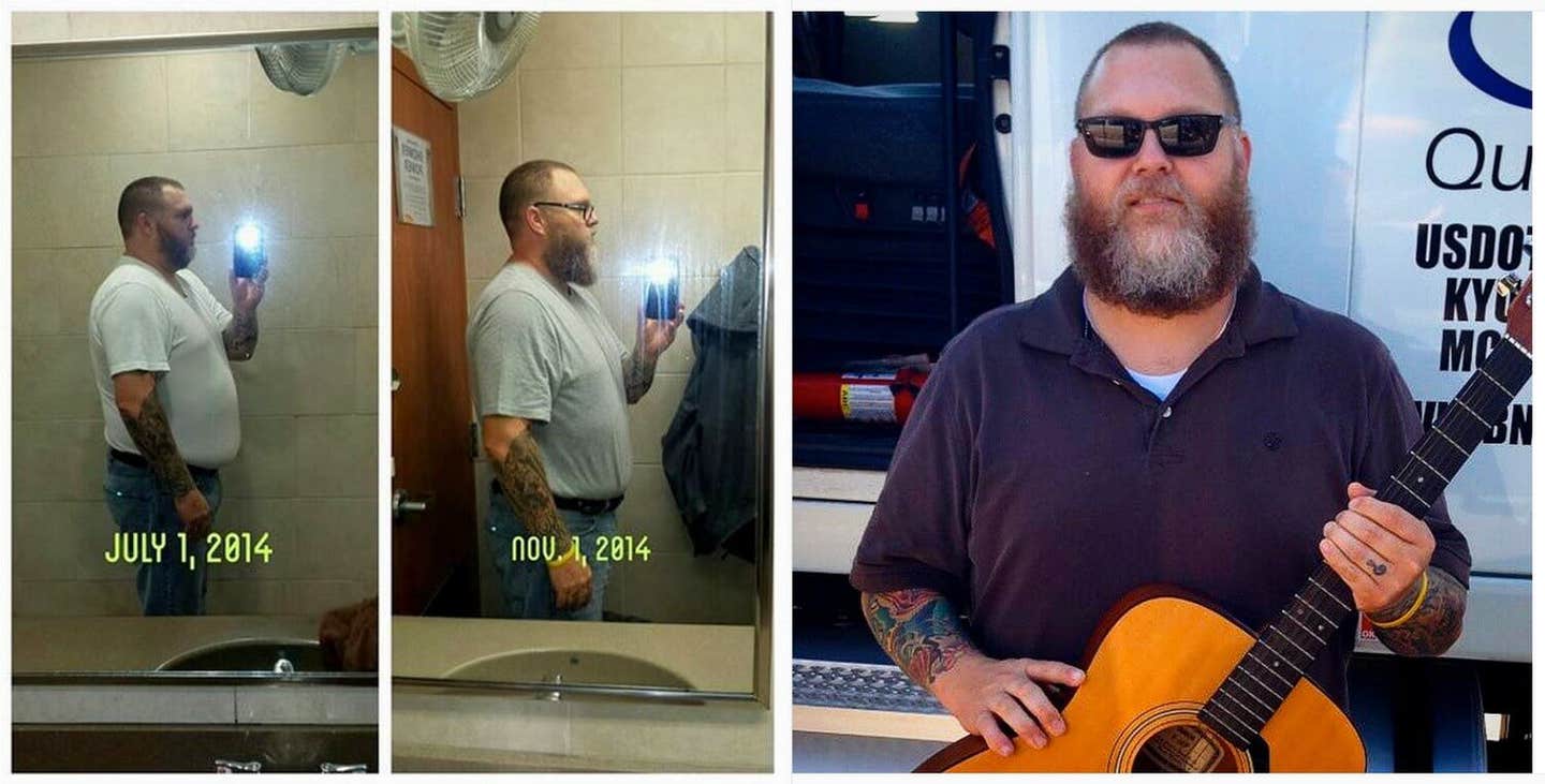 Three photos of trucker Bobby Anderson showing steady weight loss on a plant-based diet. In the final shot, Anderson stands in front of his truck, holding an acoustic guitar