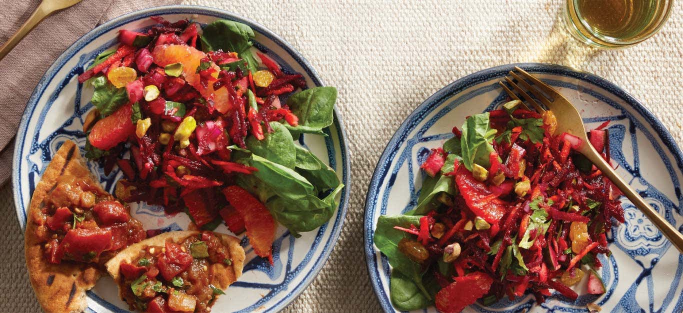 Moroccan Carrot-Beet Salad on blue and white ceramic plates