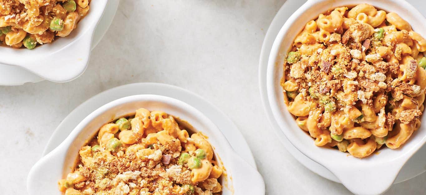 Mini Vegan Mac and Cheese Casseroles in white ramekins