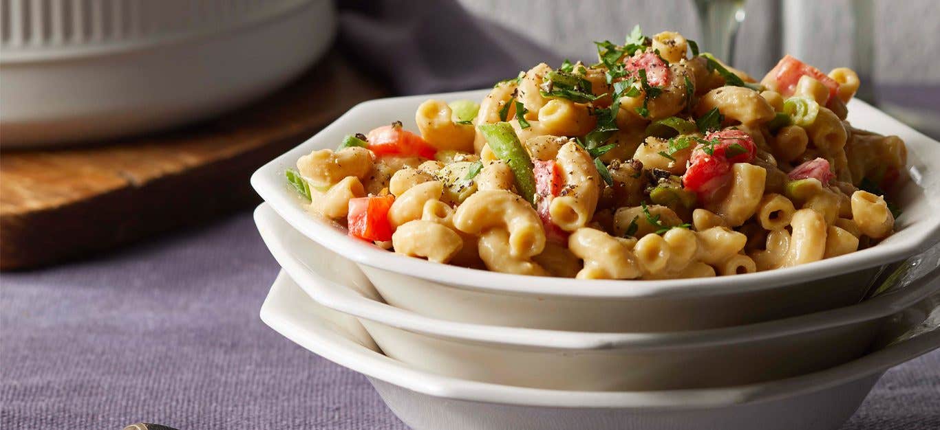 Cheesy Vegan Pimiento Mac in a white bowl