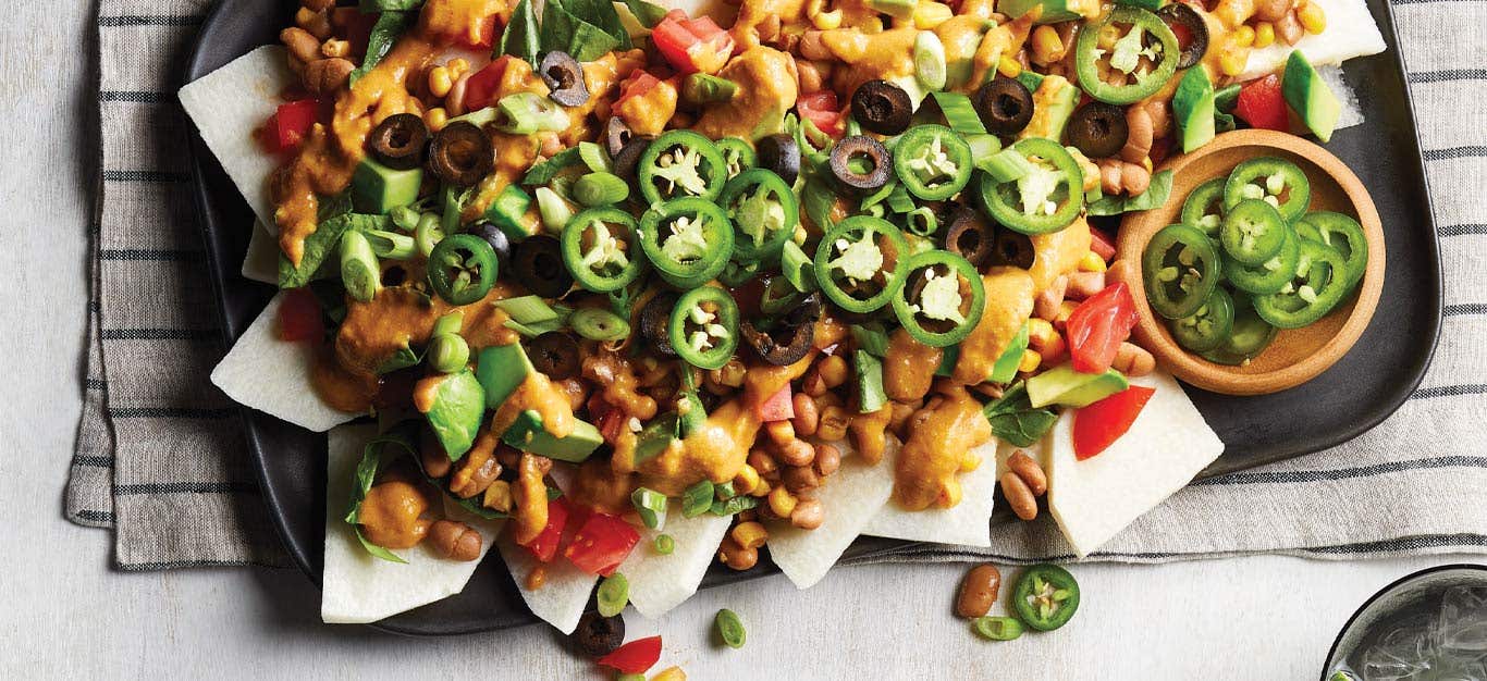 Chile-Lime Jicama Nachos on a ceramic platter