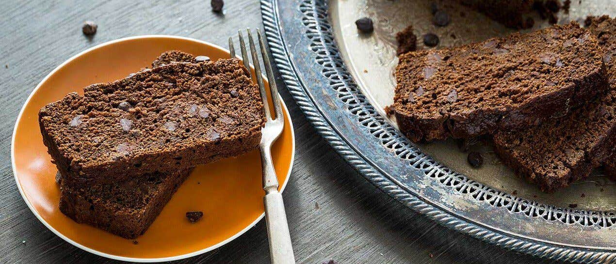 Two slices of Chocolate Pumpkin Loaf on a plate