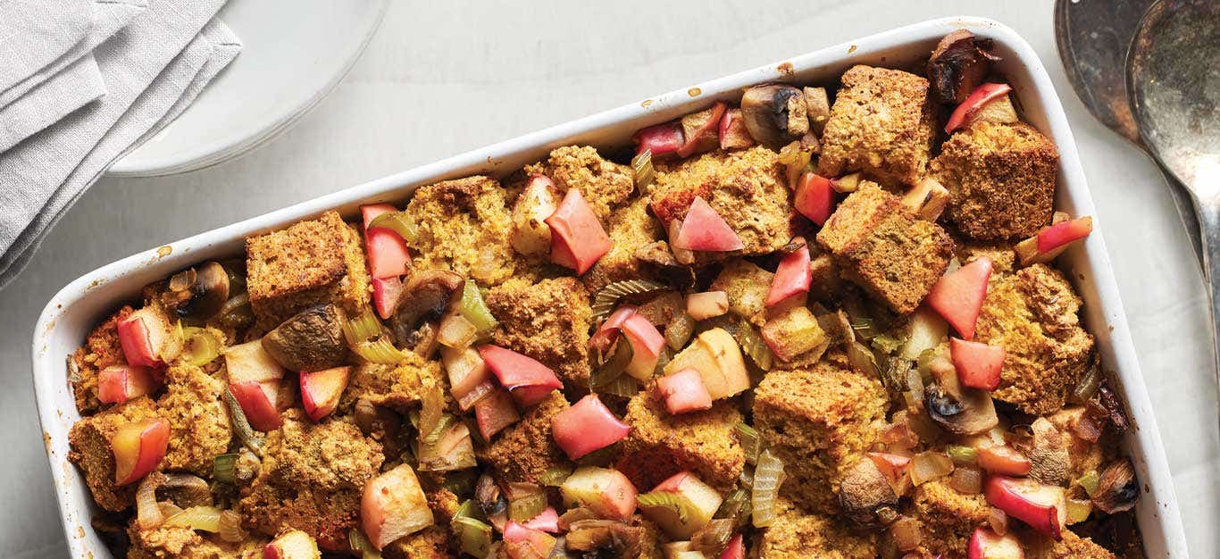 Vegan Cornbread Stuffing in a white casserole dish