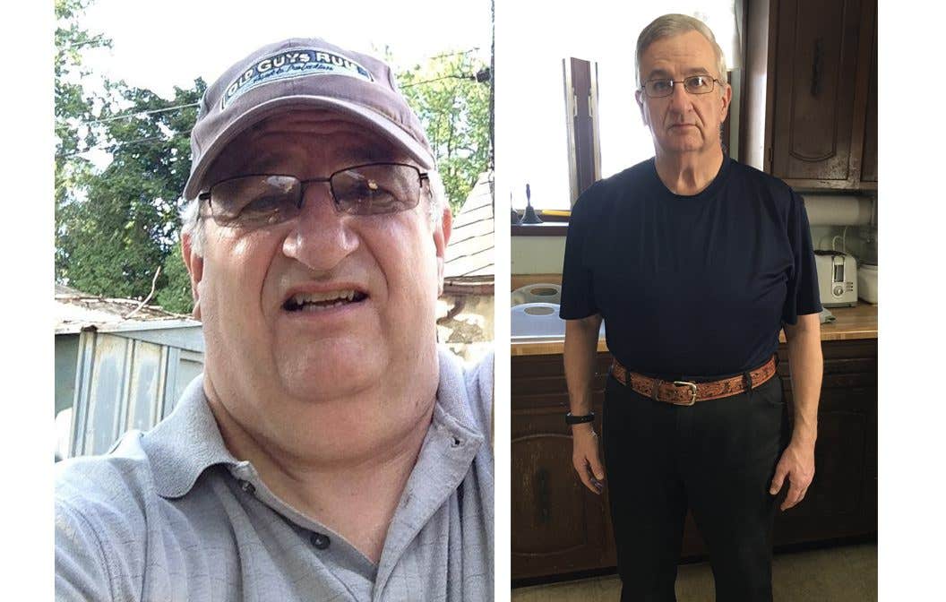 David Rivest before and After going on a WFPB diet. In the after photo, Rivest is noticeably thinner