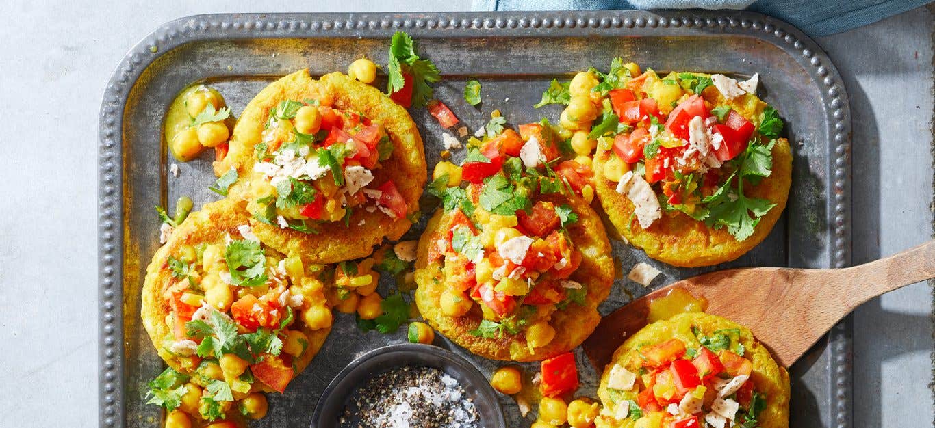 Delhi Chaat appetizers on a metal serving tray