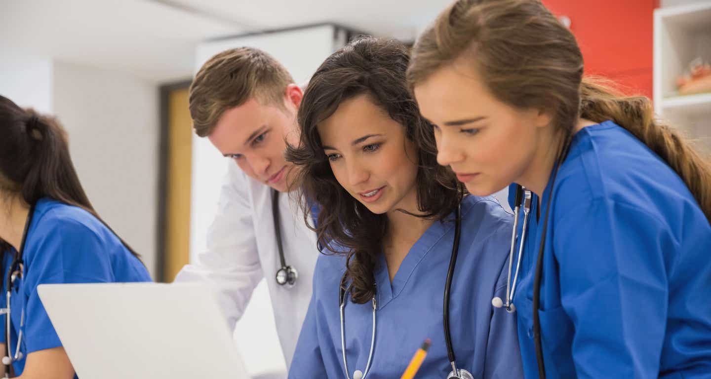 Medical students sitting and talking at the university