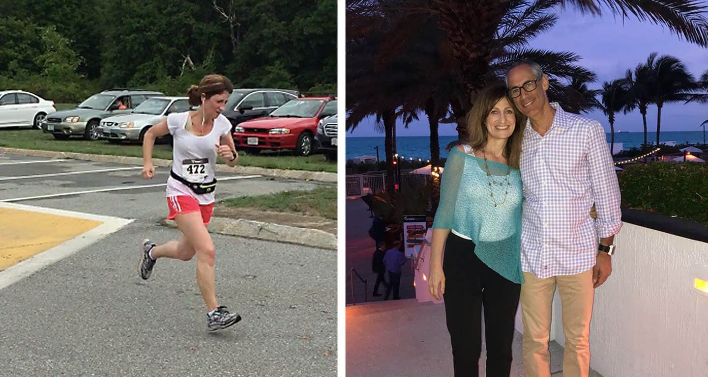 Two photos of melanoma survivor Diana Goldman: On the left Goldman is running in a competitive race. On the right, she is arm in arm with her husband