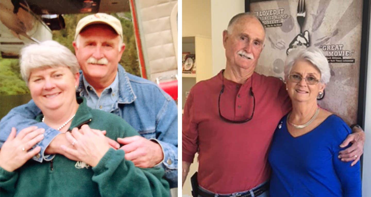 Betty and Don Taylor standing arm in arm. in the right photo the Taylors have lost weight and are standing in front of the Forks Over Knives movie poster