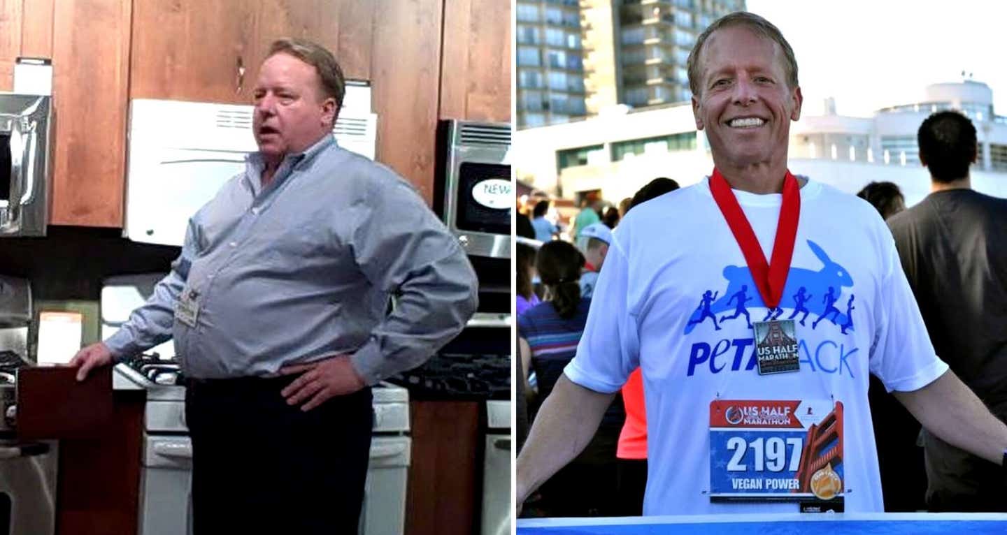 Two photos of Eric O Grey. In the before shot O Grey is overweight, standing in front of kitchen appliances, In the right image, O'Grey is happy at the finish line of a half marathon