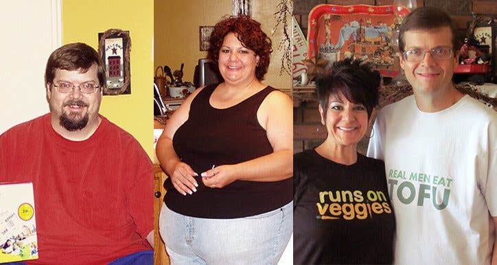 Plant-based couple, Ed and Lori Olson before and after they lost 300 pounds