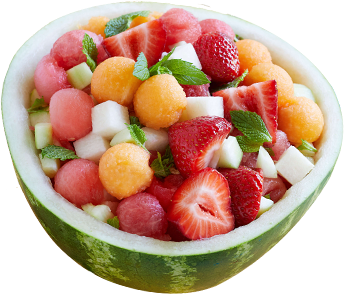 fruit salad in a a scooped-out watermelon half