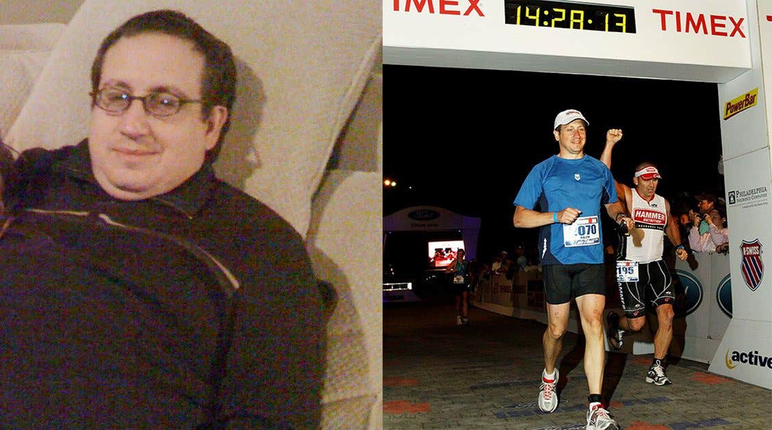 An overweight male surgeon rests on his couch. In the photo adjacent, the same man is trim, and finishing a triathlon