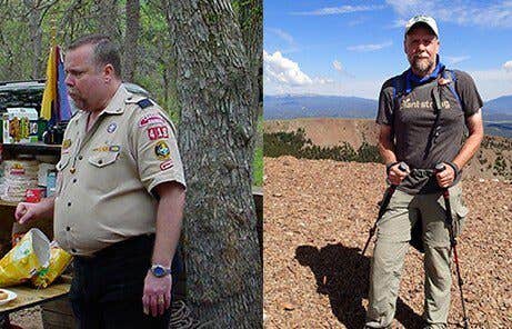 GW Bell before and after losing 100 pounds on a whole-food, plant-based diet. In the right picture, Bell is on top of a mountain on an 85-mile hike, which he did with his son