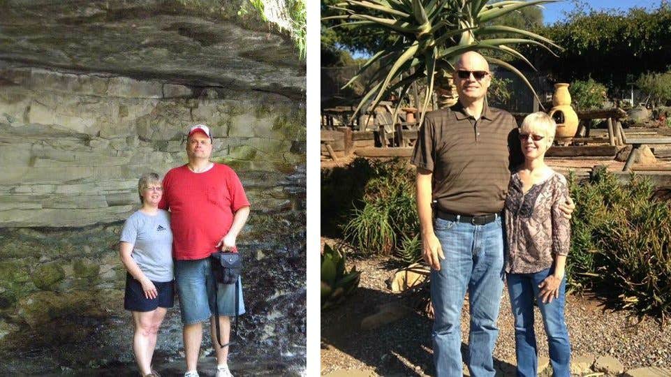 Gary Walker and his wife, Vicky, before and after switching to a plant based diet and losing weight