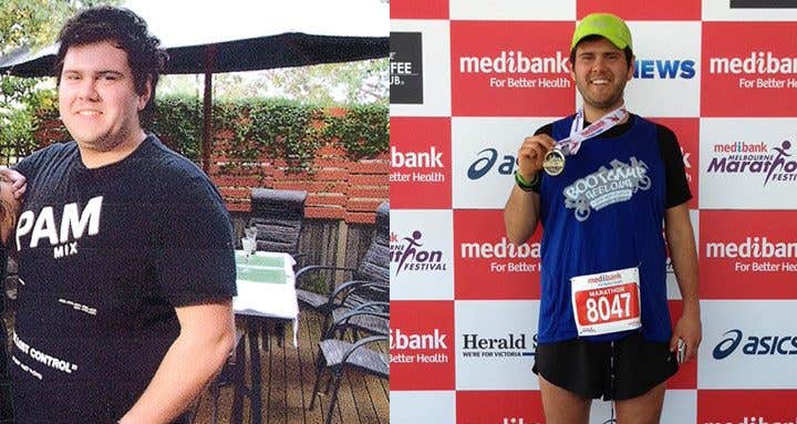 Jake Stevanja before and after: in the first photo Jake is over weight, standing at a restaurant, in the second photo Jake is wearing running gear, holding a medal after a race