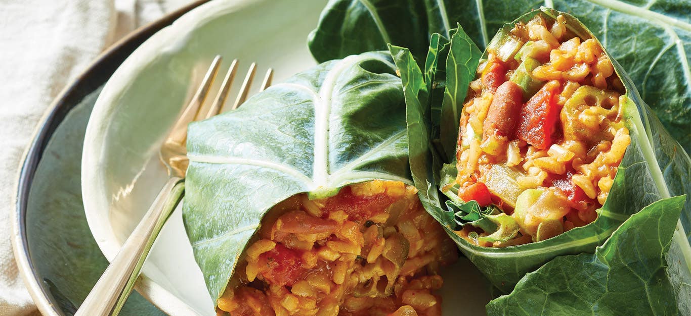 Jambalaya-Style Collard Wraps in a white dish next to a metal fork