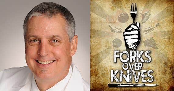 Headshot of James Loomis, MD next to the Forks Over Knives logo