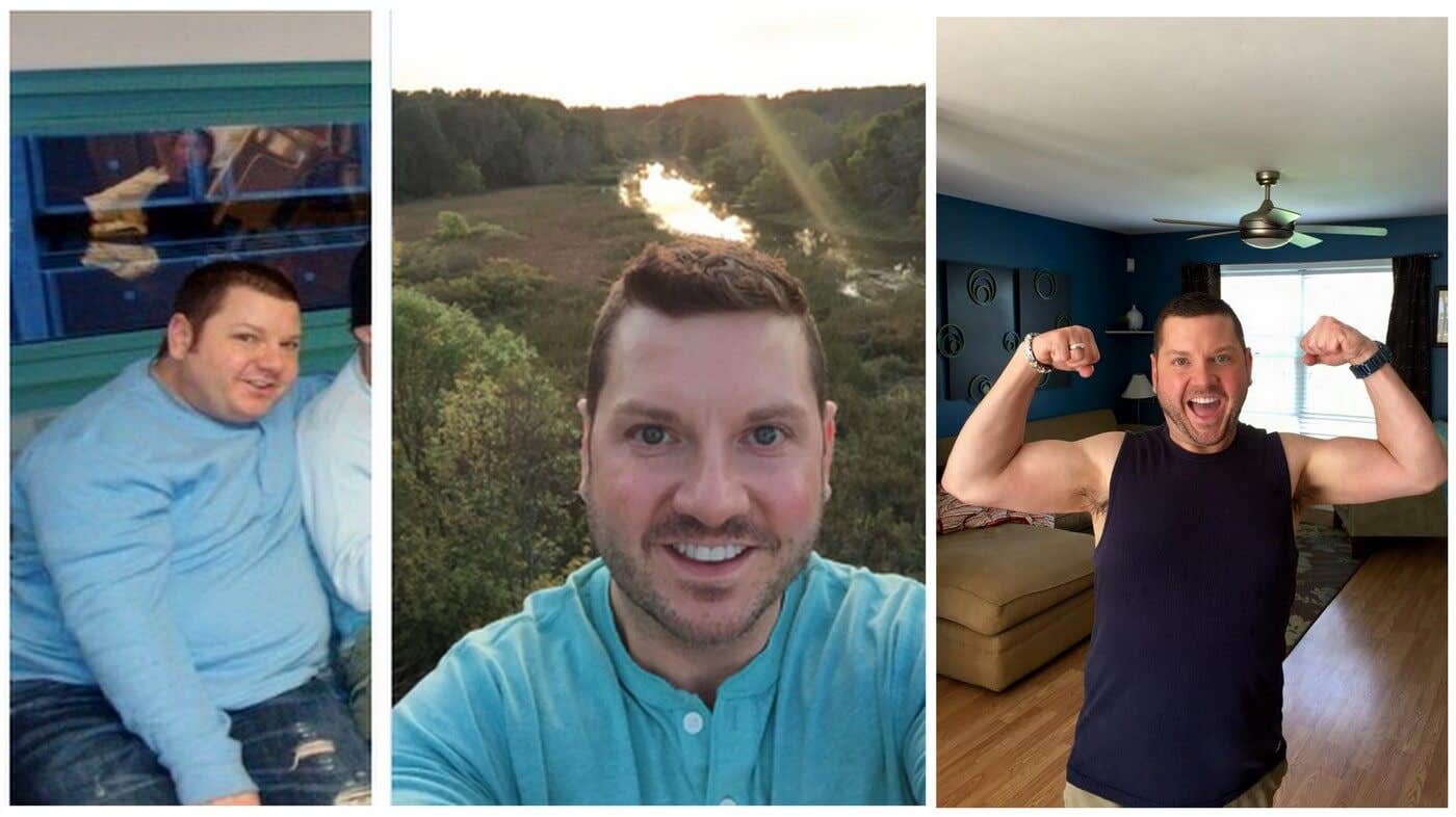 Joey Dimaggio went plant-based and lost 100 pounds. Three photos shown his journey from obese to fit and healthy, wearing a shirt without sleeves