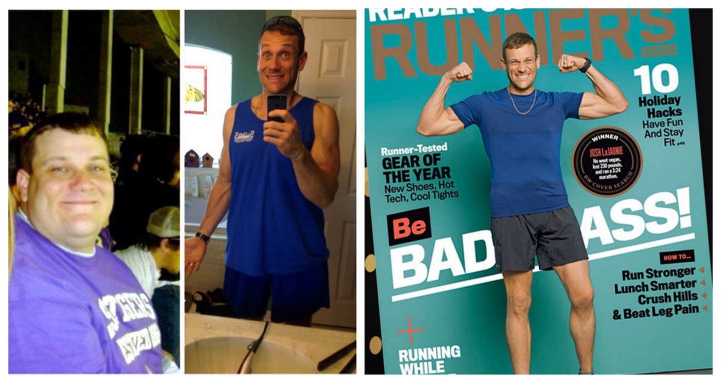 Josh Lajaunie before and after losing over 200 pounds. In the after picture Lajaunie i s on the cover of Runners World magazine