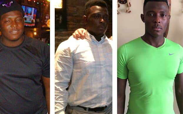 Three photos of Kassoum Doumbia getting progressively thinner after eating a plant-based diet