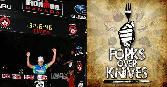 Two images. On the left, Kathleen Leonard breaks the ribbon at Ironman Canada. On the right, the Forks Over Knives logo.