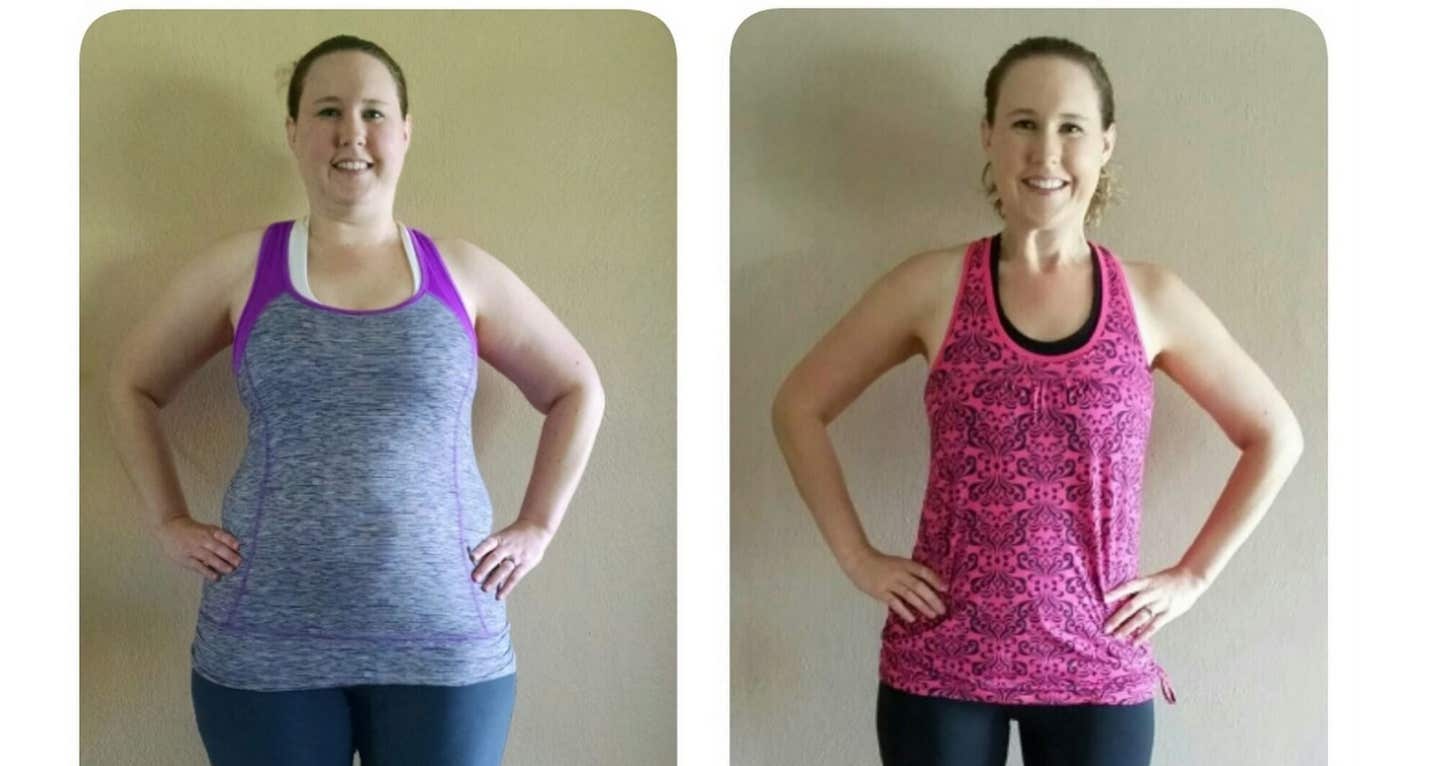 Two images of a happy Kristin Witzack standing with her hands on her hips wearing exercise great showing her transformation from obese (on the left) to fit and healthy (on the right)