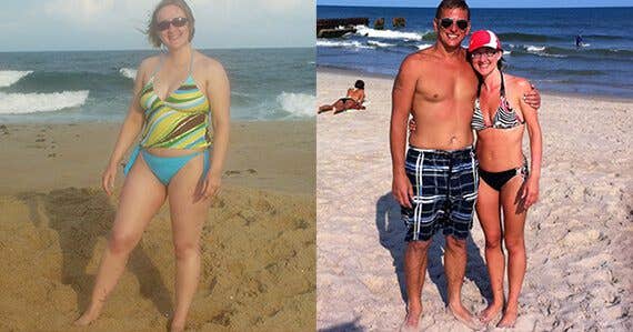 Two photos of Laura Black on the beach in a swim suit. In the photo on the right Black has lost considerable amount of weight stands arm in arm with her husband.