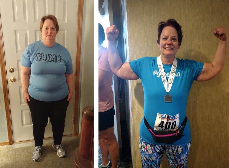 Lorraine Zenge before and after adopting a plant based diet and getting fit, losing weight, and improving her health