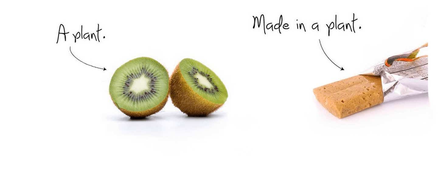 on the left is a kiwi fruit (a plant) and on the right is a processed bar (made from a plant).