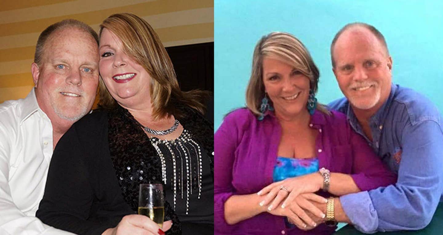 Jay and Margee Kjelson arm in arm, before and after losing weight and getting healthier on a vegan diet