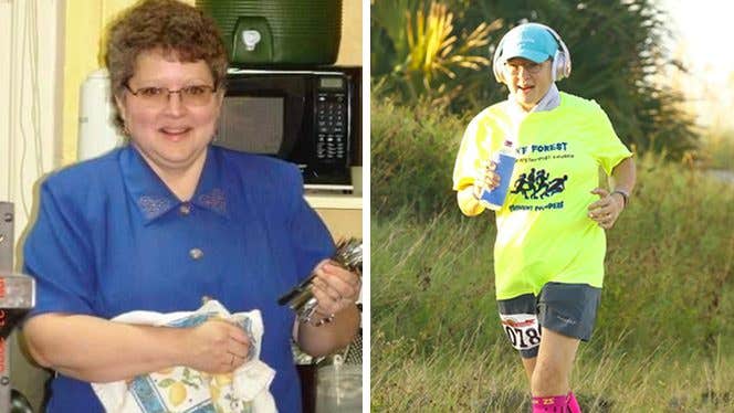 Mary Crawford before and after losing weight. In the after photo Crawford is jogging on a trail, wearing headphones