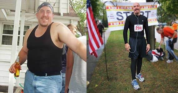 Matt Stary before and after he lose weight on a whole-food, plant-based diet. In the before picture Stary is drinking a beer and in the after shot he is at the start of a running race