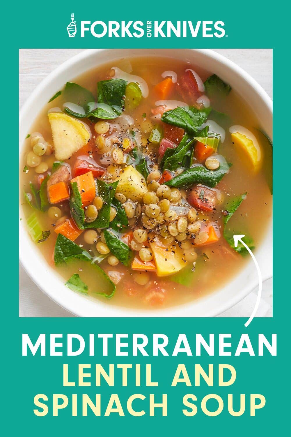 Mediterranean Lentil and Spinach Soup in a white bowl next to a pinch bowl of cracked black pepper