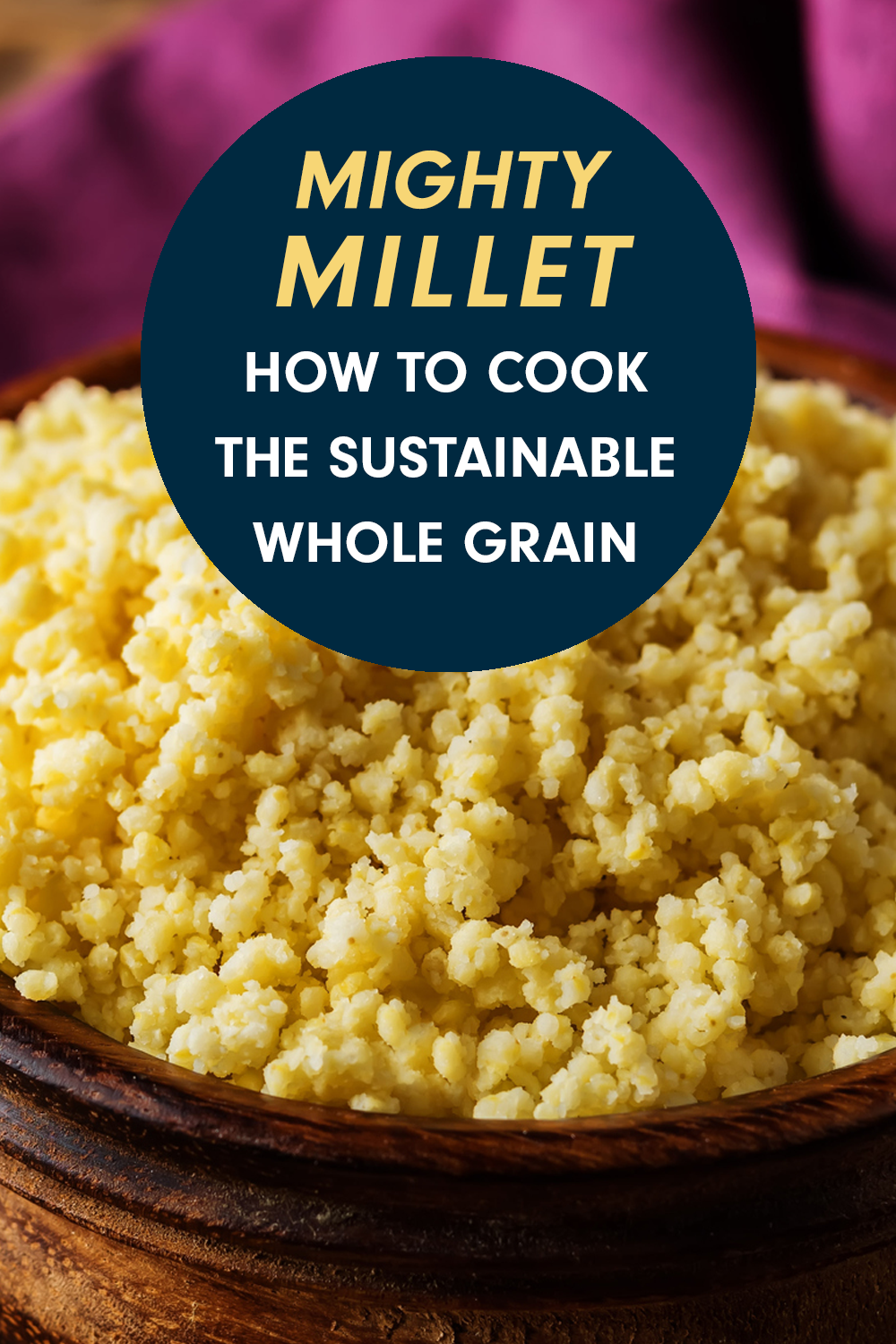 A bowl of fluffy, just-cooked millet with a round bage over the top that reads, "Mighty Mighty Millet: How to Cook the Super-Sustainable Whole Grain"