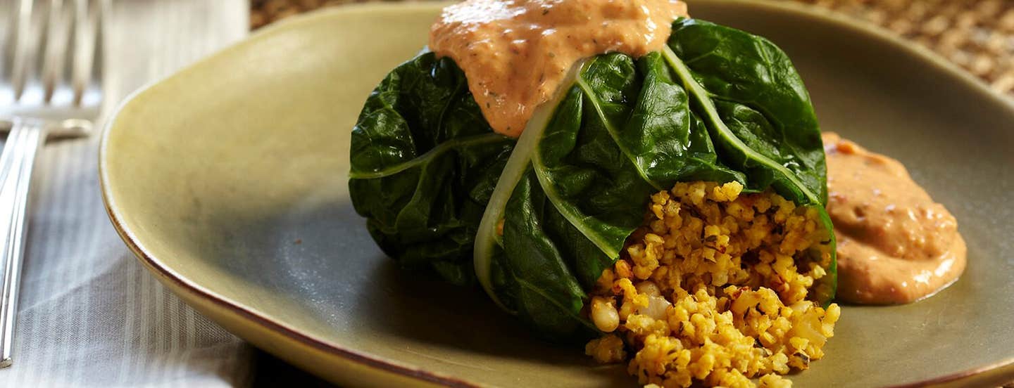 A Millet-Stuffed Chard Roll with Roasted Red Pepper Sauce