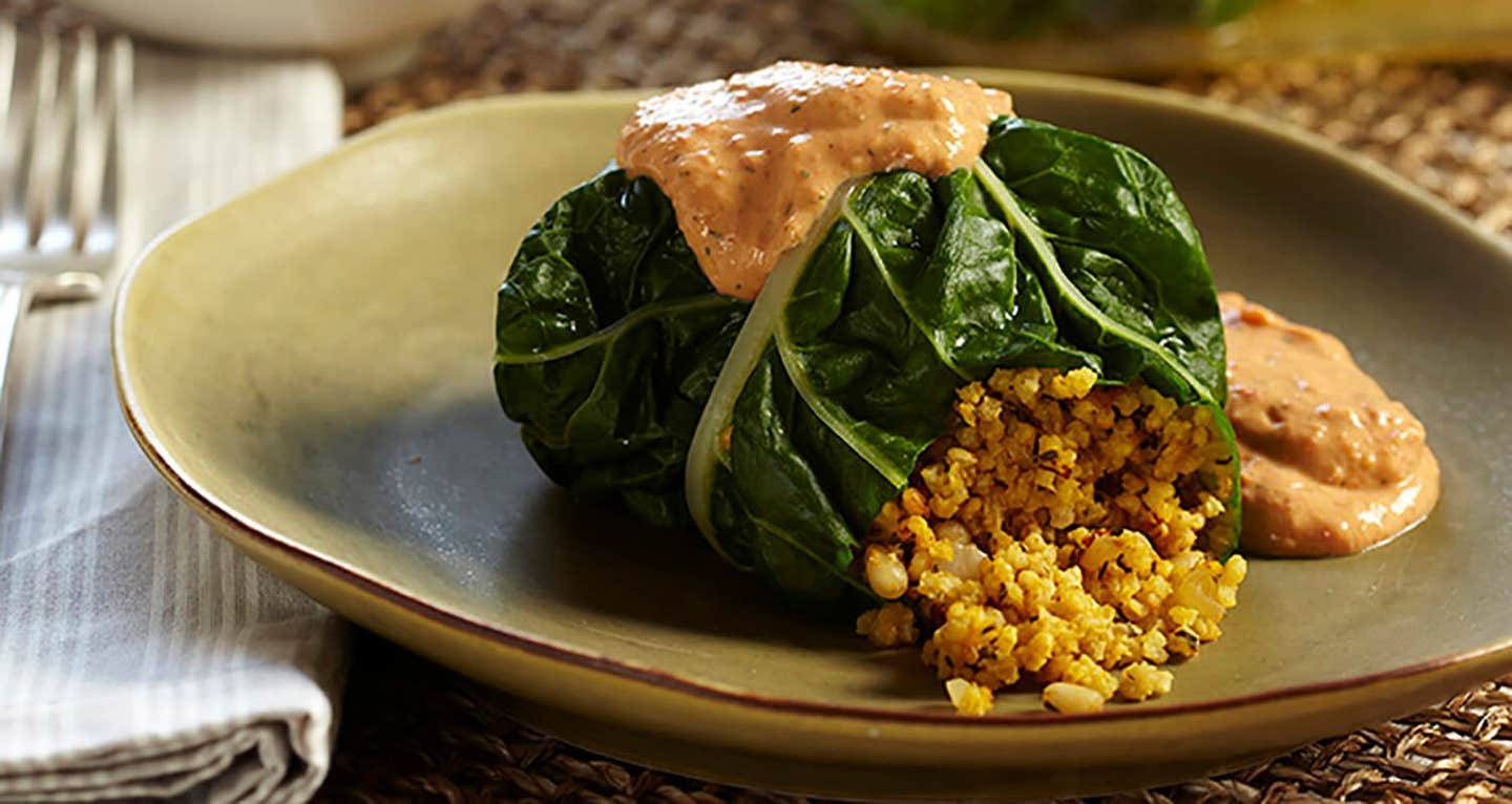 A Millet-Stuffed Chard Roll with Roasted Red Pepper Sauce