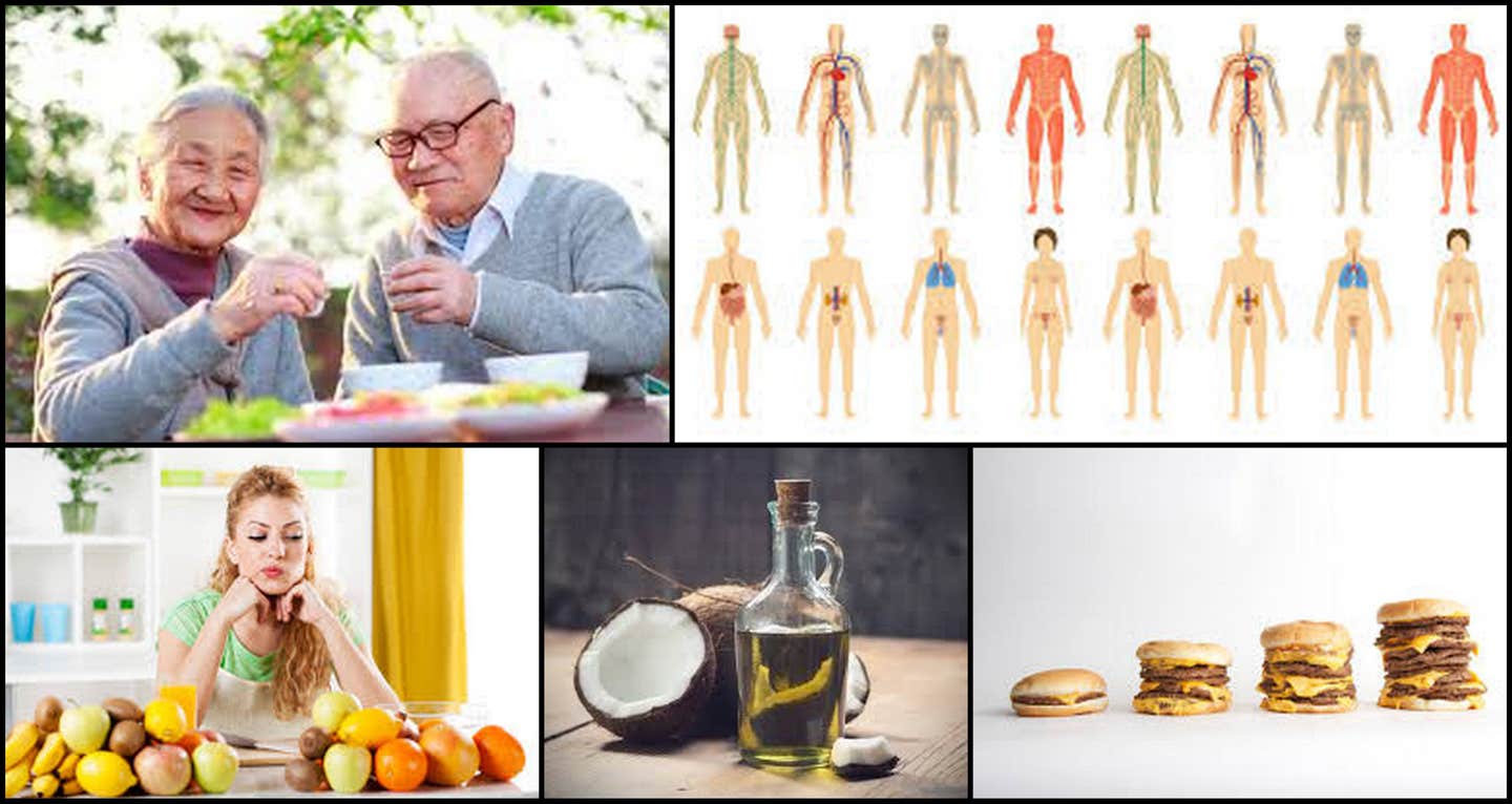 A collage of images including an elderly Asian couple enjoying a healthy vegan meal, a bottle of olive oil next to a coconut, and a series of traditional hamburgers going from small to large