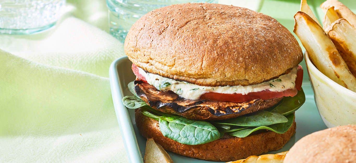 Grilled Mushroom Burger with Tarragon Crema with a side of french fries