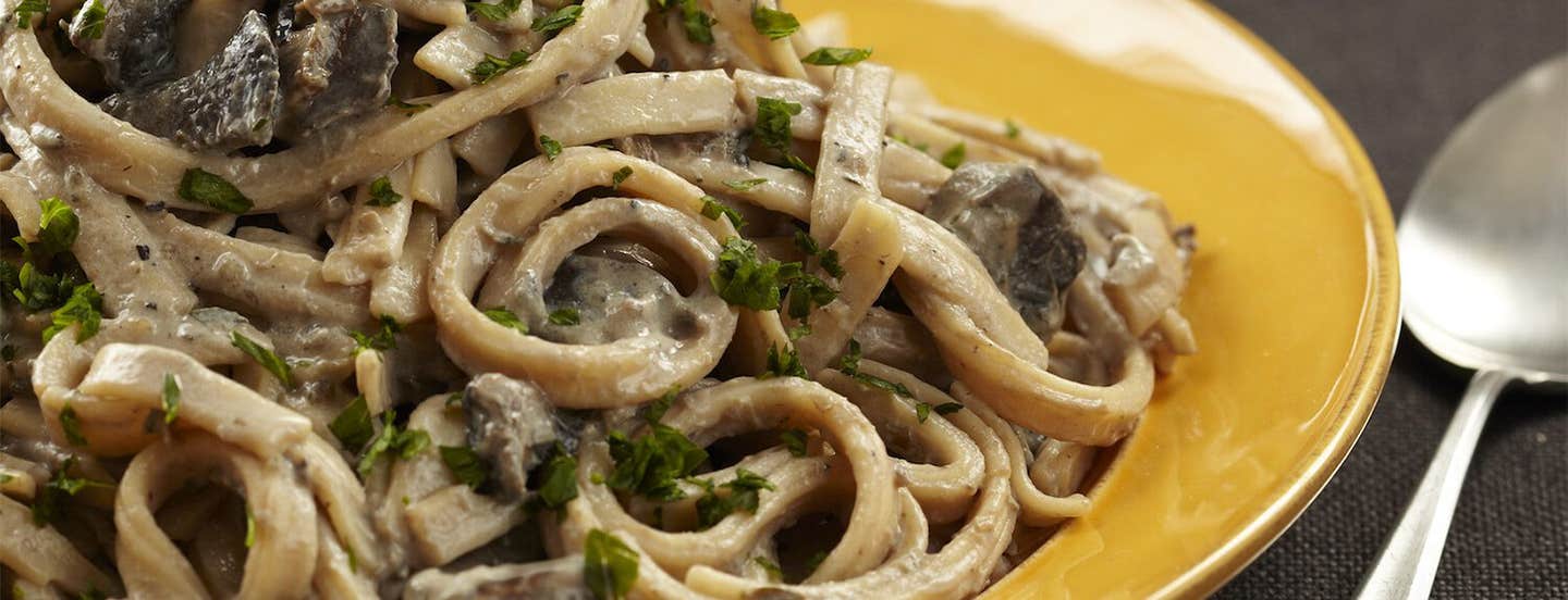 Chef Del's Mushroom Stroganoff on a yellow plate