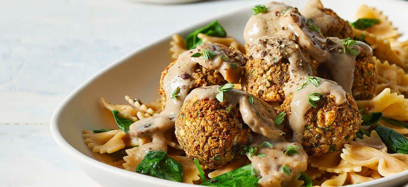 Mushroom Stroganoff with Wheatballs in a white bowl