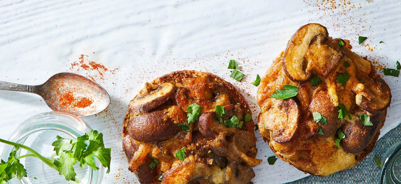 vegan Mushroom Welsh Rarebit on white tablecloth