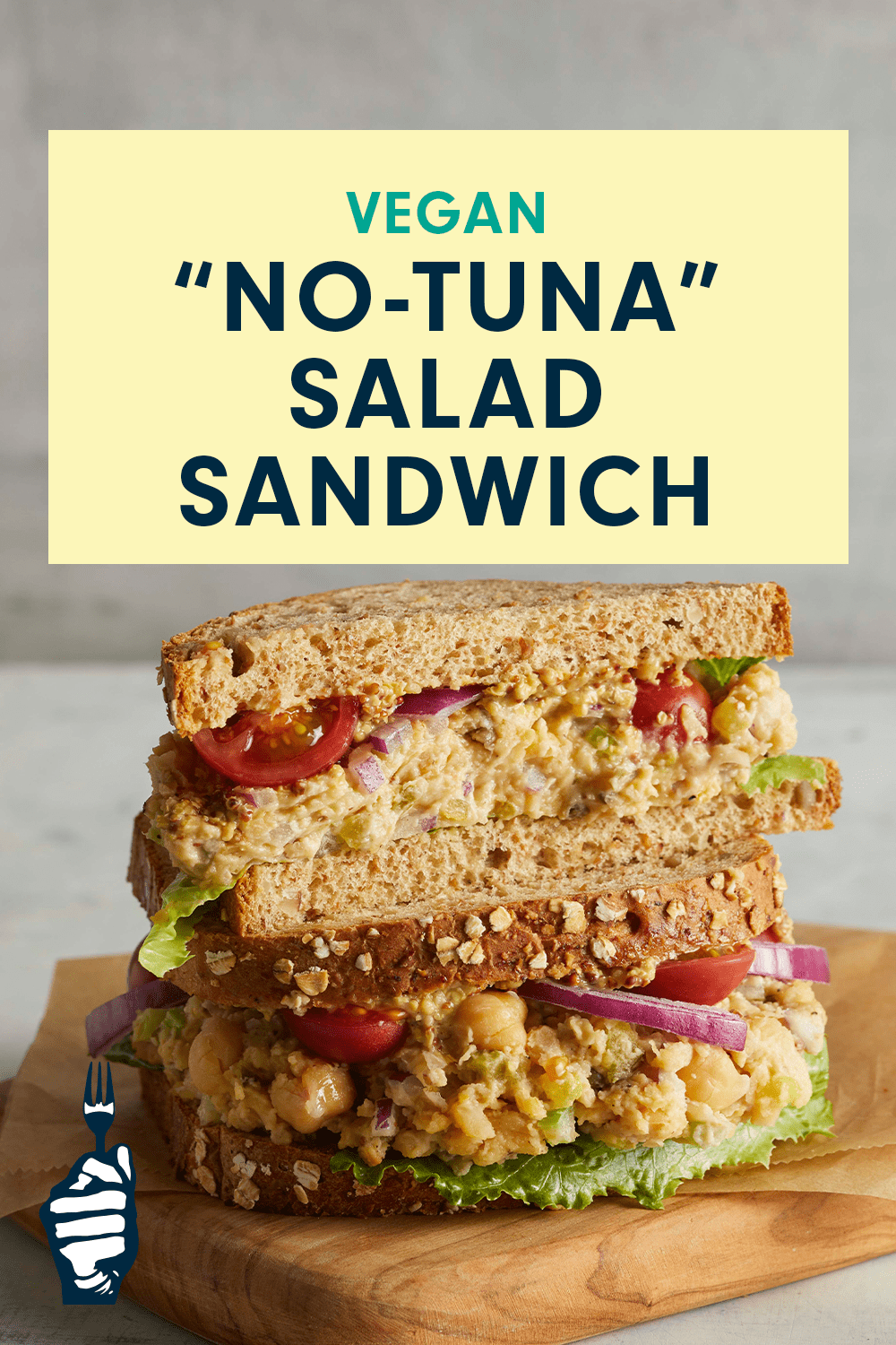 "No-Tuna" Salad Sandwich on a wooden chopping board