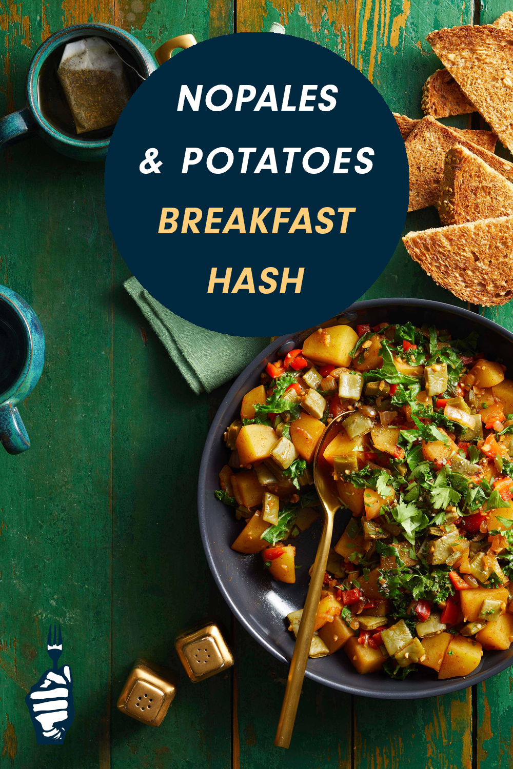 Nopales and Potatoes Breakfast Hash in a grey bowl against a green wooden tabletop