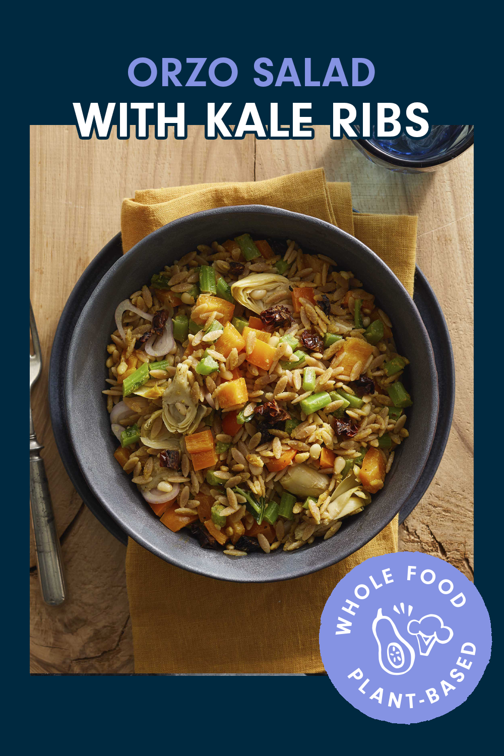 A bowl of orzo salad on a yellow cloth napkin. A title card reads, "Orzo Salad with Kale Ribs"