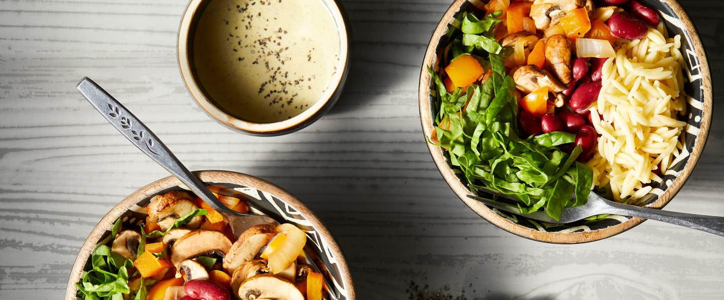 a Buddha Bowl with Orzo Pasta and an assortment of veggies